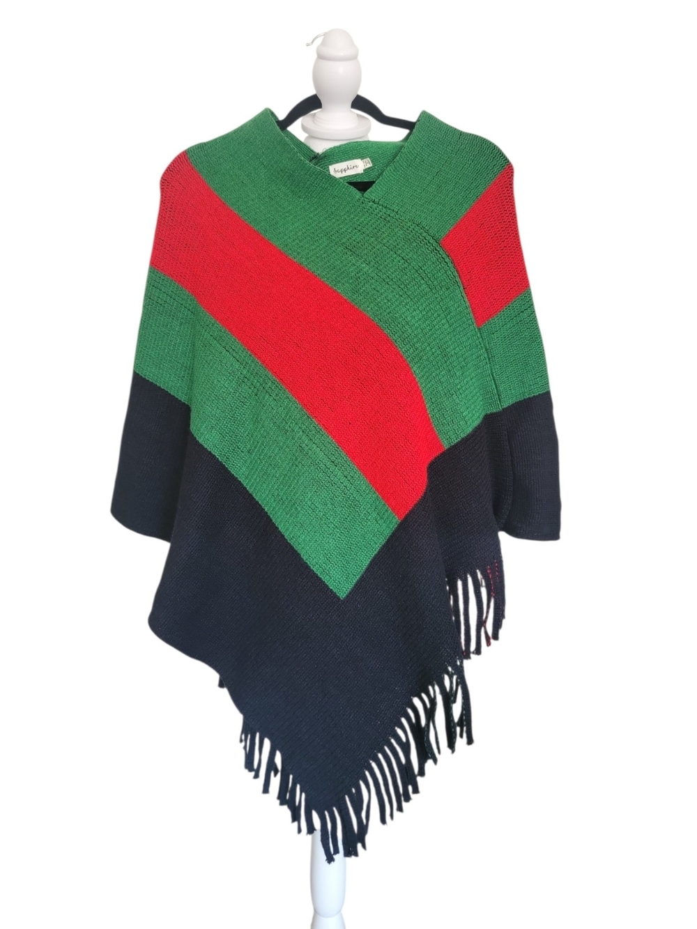 Sapphire Knit Striped Colorblock Fringe Poncho Sweater Shawl Wrap